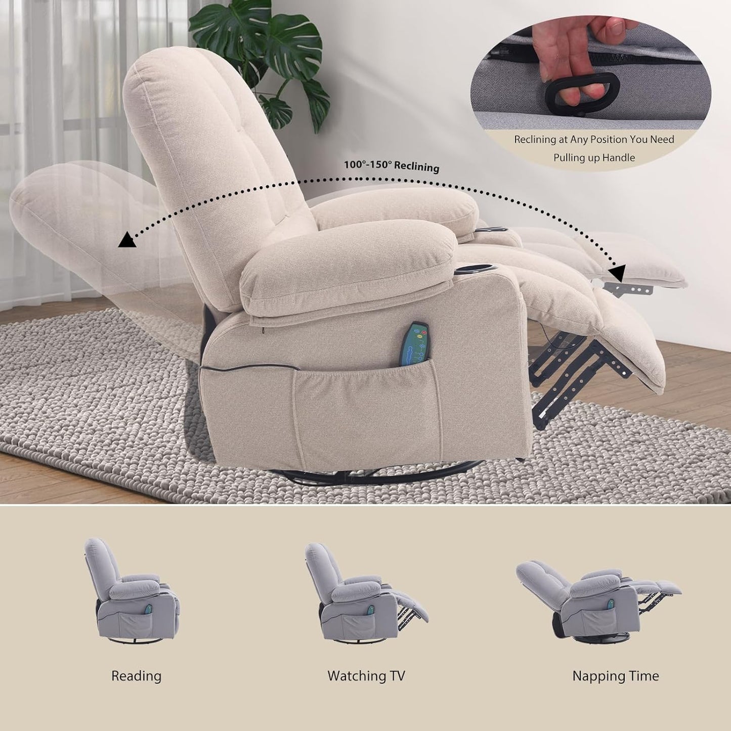 Rocker Recliner Chair with Massage and Heat, Oversized Rocking Nursery Recliners Overstuffed Swivel Glider with Cup Holder, Fabric Manual Single Sofa for Living Room, Beige
