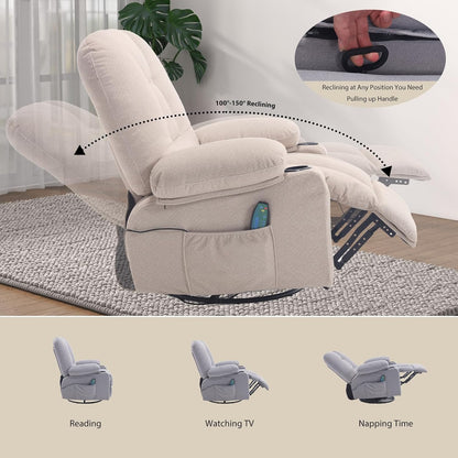 Rocker Recliner Chair with Massage and Heat, Oversized Rocking Nursery Recliners Overstuffed Swivel Glider with Cup Holder, Fabric Manual Single Sofa for Living Room, Beige