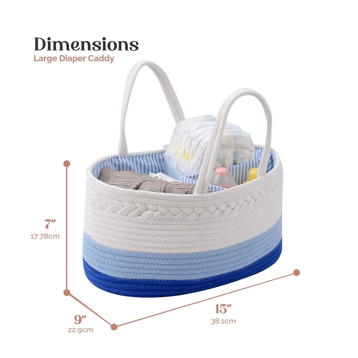 luxury little Diaper Caddy Organizer, Large Cotton Rope Nursery Baby Basket, Changing Table Organizer for Baby Diaper Storage, Portable Car Organizer Removable Divider (Off White, Large)