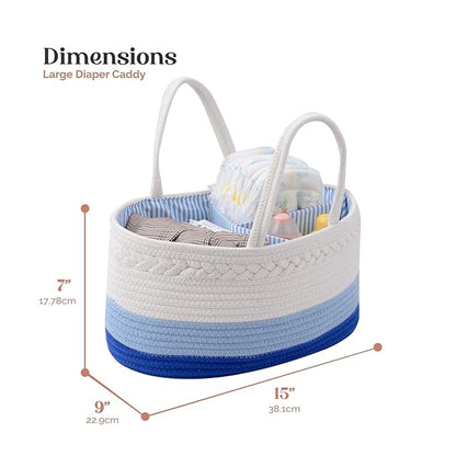 luxury little Diaper Caddy Organizer, Large Cotton Rope Nursery Baby Basket, Changing Table Organizer for Baby Diaper Storage, Portable Car Organizer Removable Divider (Blue, Large)