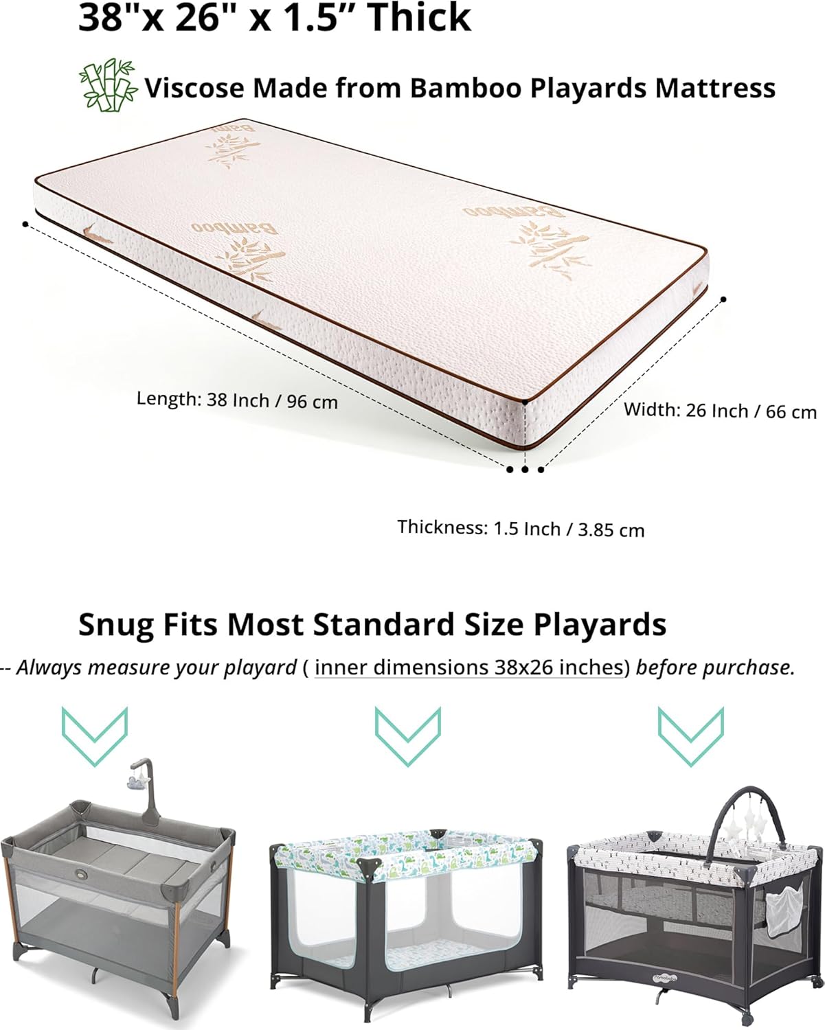 Pack and Play Mattress 38"x26" Playard Baby Pad for Pack n Play, No Gap Safer 3D Piped Edge, 1.5" Thick Medium Firm, Breathable Waterproof Washable Cover, White