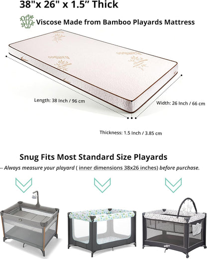 Pack and Play Mattress 38"x26" Playard Baby Pad for Pack n Play, No Gap Safer 3D Piped Edge, 1.5" Thick Medium Firm, Breathable Waterproof Washable Cover, White