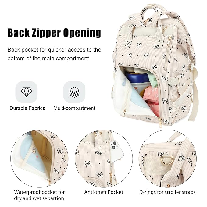 Baby Diaper Bag Backpack for Mom, Large Capacity Travel Nappy Bag for Boys & Girls with Stroller Straps (Corduroy Bow Tie)
