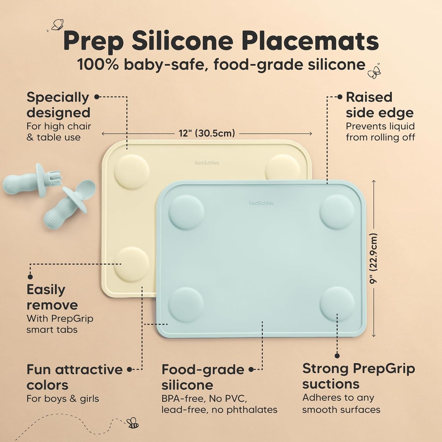 KeaBabies 2pk Silicone Placemats for Toddlers, Kids - 12x9 Non Slip Suction Baby Silicone Placemat for Restaurants, Dining Table,Travel, Easy to Clean, Food Grade/BPA-Free,Small Baby Table Mat(Slate)