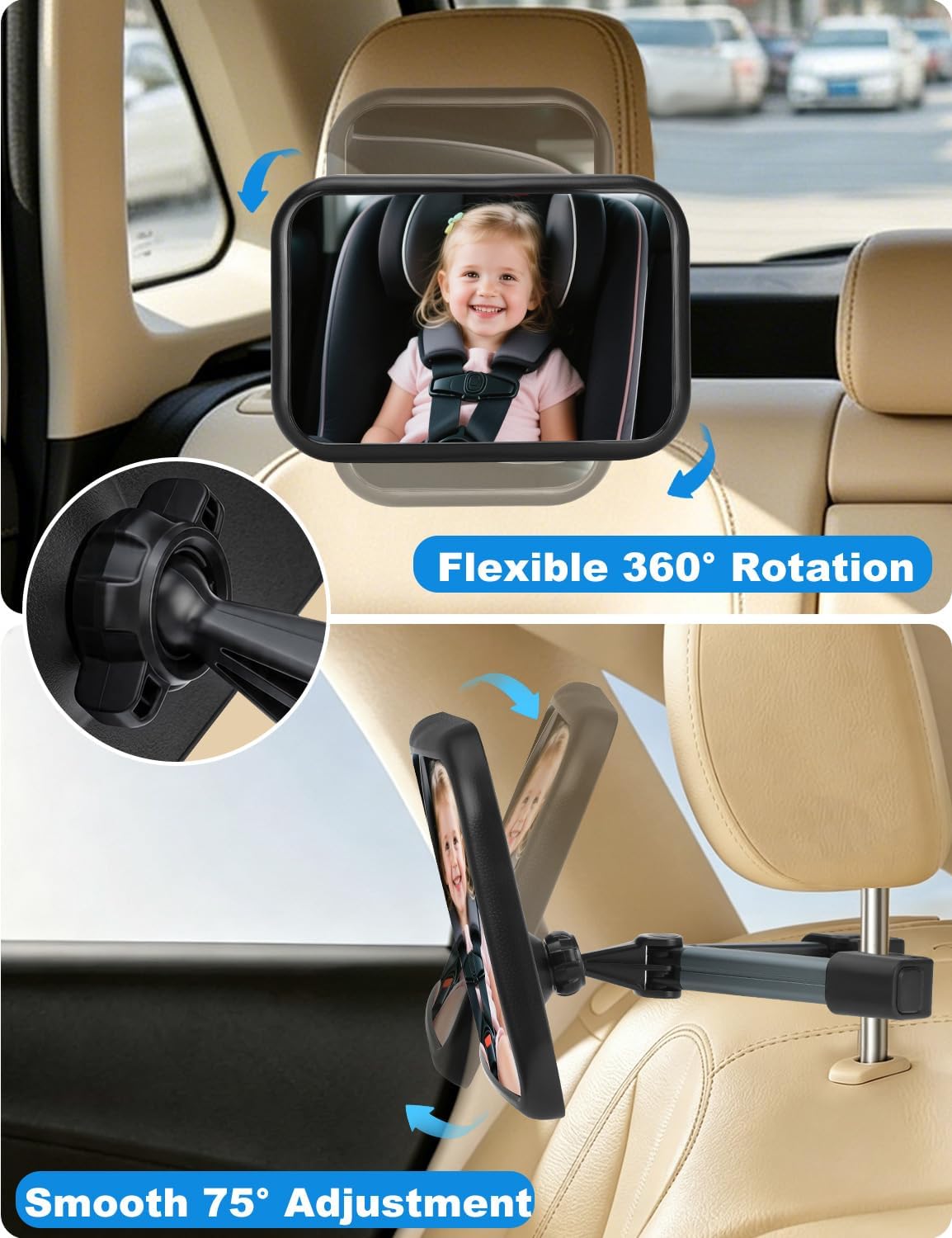 Kairiyard Baby Car Mirror, Hook Clip Car Back Seat Mirror for Baby Rear Facing, Clear Wide View Stable Safety Shatterproof 360° Rotation, Easily Observe the Baby