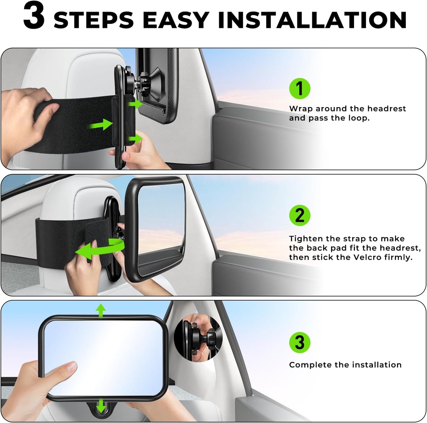 Fixed Headrest Baby Car Mirror Fit Tesla Car Back Seat, Safety Rear Facing Mirror, 100% Shatterproof & Shake-Proof, Wide Clear Rearview with 360° Rotation for Infant Newborn Baby Must Haves Essentials
