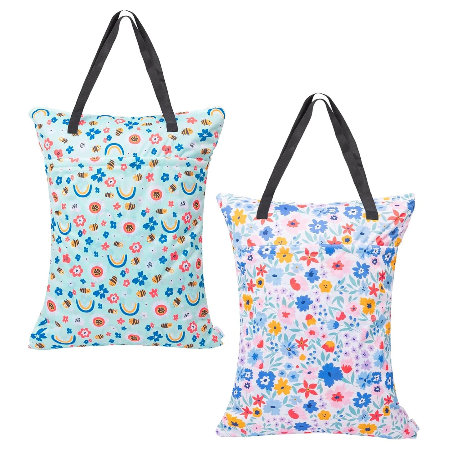ALVABABY 2 Pack Large Wet Dry Bag Waterproof Hanging Cloth Diaper with Double Zippered Pockets 25x18 inches (Feather & Stripe)