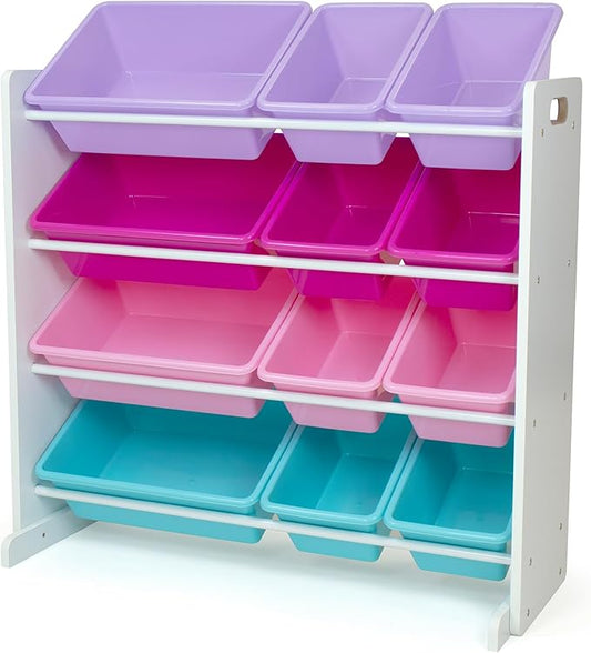 Humble Crew Toy Storage Organizer with 12 Removable Storage Bins for Kids Playroom, 4-Tier Toddler Toy Organization and Storage, White/Pink/Purple/Turquoise