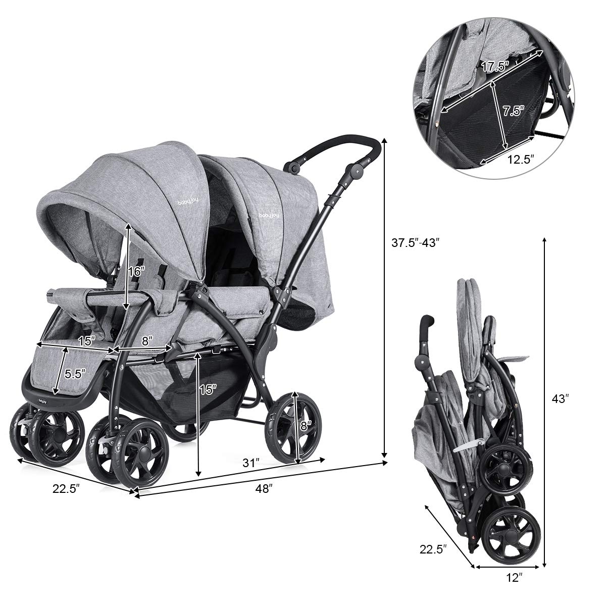 BABY JOY Double Stroller, Foldable Lightweight Twin Stroller with Tandem Seating, Adjustable Backrest/Canopy/Footrest, 5-Point Harness, Storage Basket, Newborn and Toddler (Black)