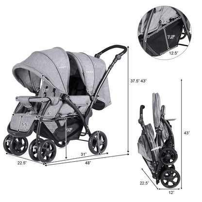 BABY JOY Double Stroller, Foldable Lightweight Twin Stroller with Tandem Seating, Adjustable Backrest/Canopy/Footrest, 5-Point Harness, Storage Basket, Newborn and Toddler (Black)