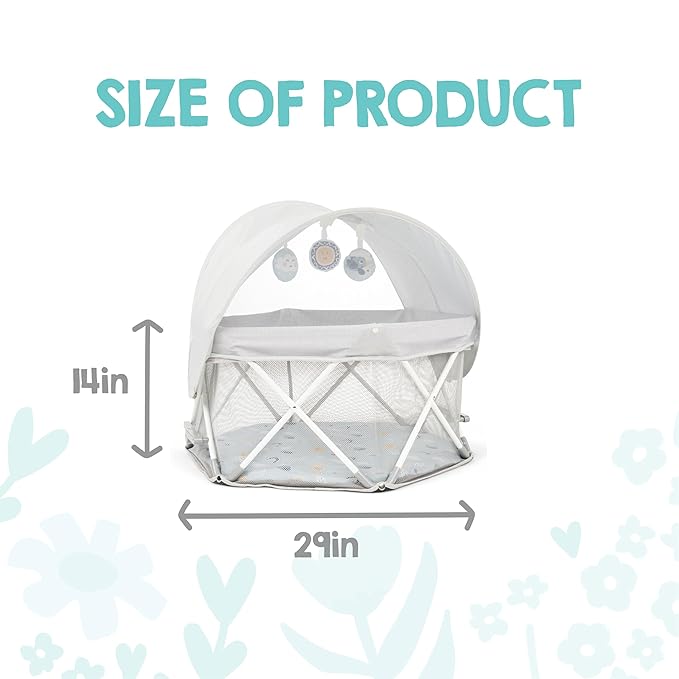 My Play Baby Portable Infant Bassinet, Indoor Outdoor UPF 50+ Canopy, Mesh Sides, 29x14 Inches, Foldable Travel Playard with Toys, Padded Base, Newborn to 15 Pounds