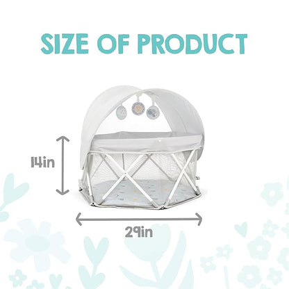 My Play Baby Portable Infant Bassinet, Indoor Outdoor UPF 50+ Canopy, Mesh Sides, 29x14 Inches, Foldable Travel Playard with Toys, Padded Base, Newborn to 15 Pounds