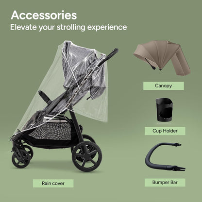 Mompush Nova Infant Baby Stroller for Newborn to Toddler, Oversized Seat up to 50 lbs, All-Terrain 10" Wheels & Suspension, One-Hand Fold; Lie-Flat Mode; UPF 50+ Canopy