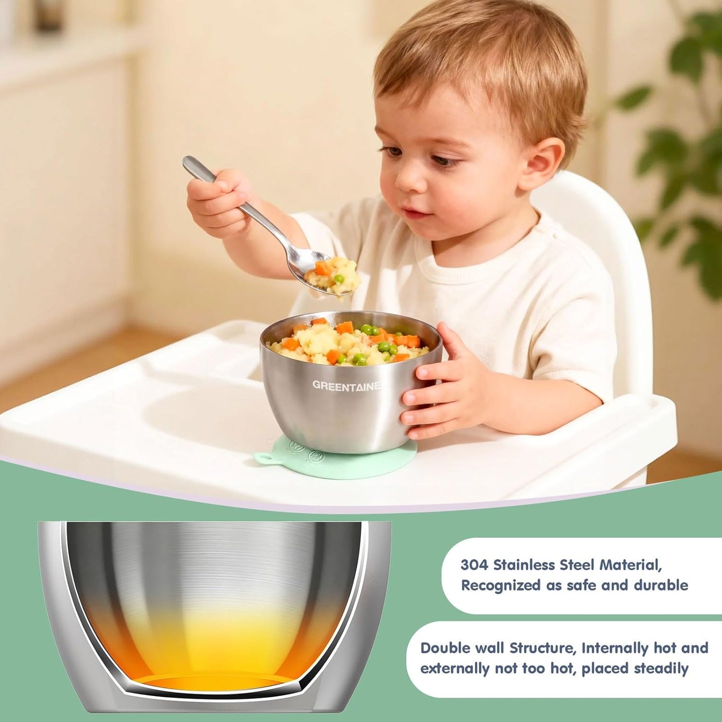 Greentainer Stainless Steel Baby Bowl Set of 3, Double Wall Insulated, Unbreakable Toddler Bowls with Removable Silicone Suction Base, Non-Slip, Dishwasher Safe, BPA-Free for Infants 6+ Months (Green)