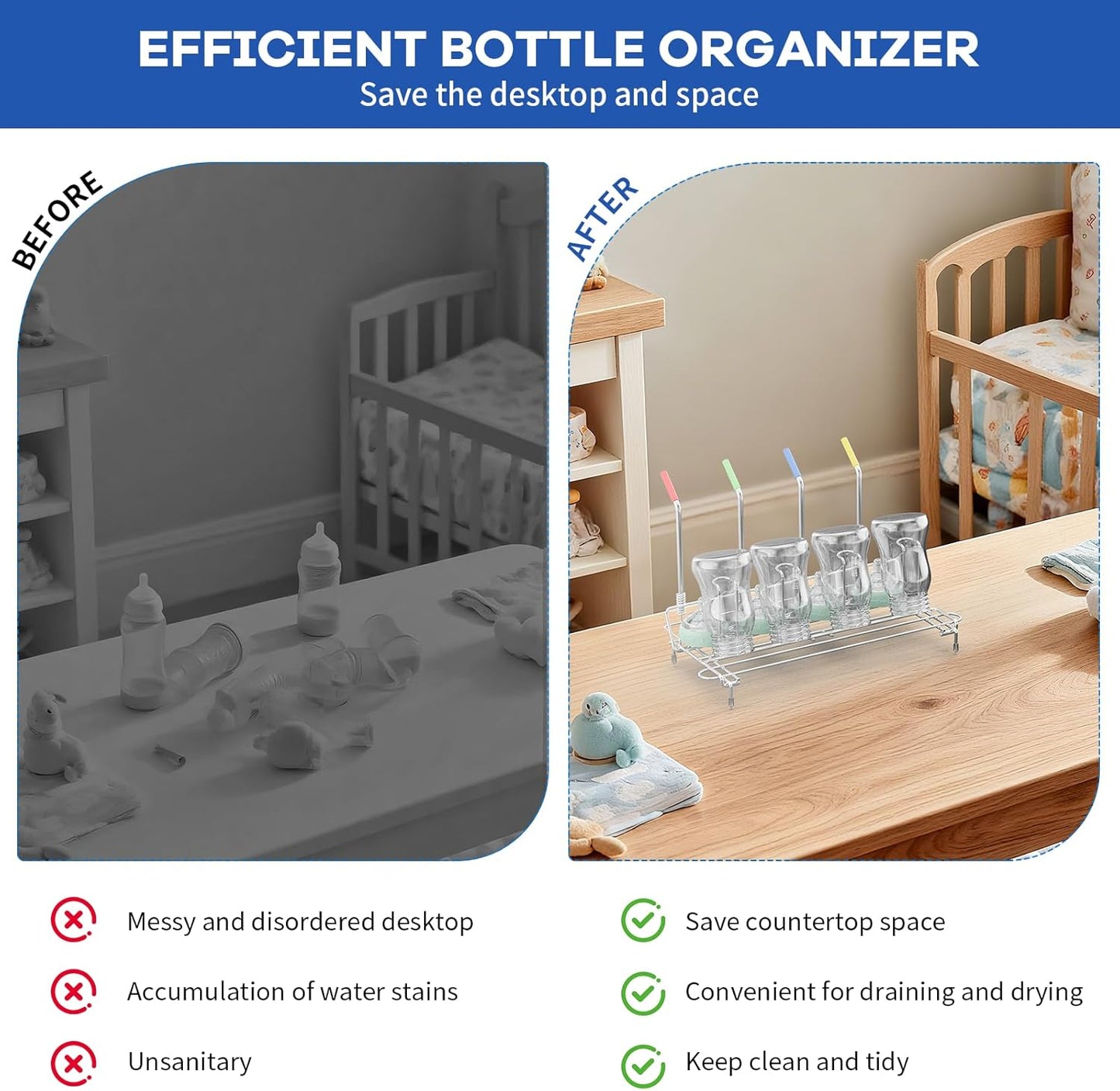 Baby Bottle Drying Rack Organizer Stainless Steel Large Countertop Glass Water Bottle Dryer Holder with Diatomite Stone Quick Dry Easy Clean and Brush Holder