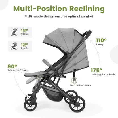 Compact Baby Stroller, Travel Toddler Seat Pushchair with Shock Absorbing Wheels, Foldable Infant Stroller with Canopy, One Button Brake, Convertible Infant Stroller for Toddler (Dark Grey)
