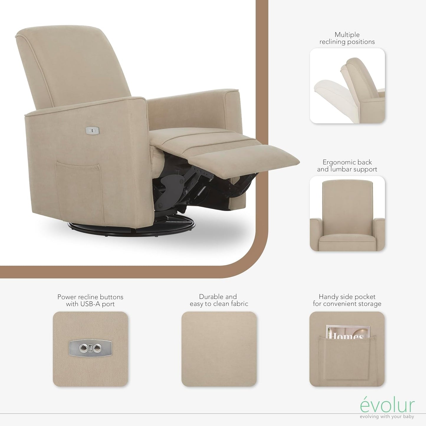 Evolur Harlow Upholstered Power Glider Recliner with USB Charging – Rocking & 275° Swivel with Smooth Glide – Greenguard Gold & FSC Certified – Modern Nursery and Living Room Chair in Light Sand