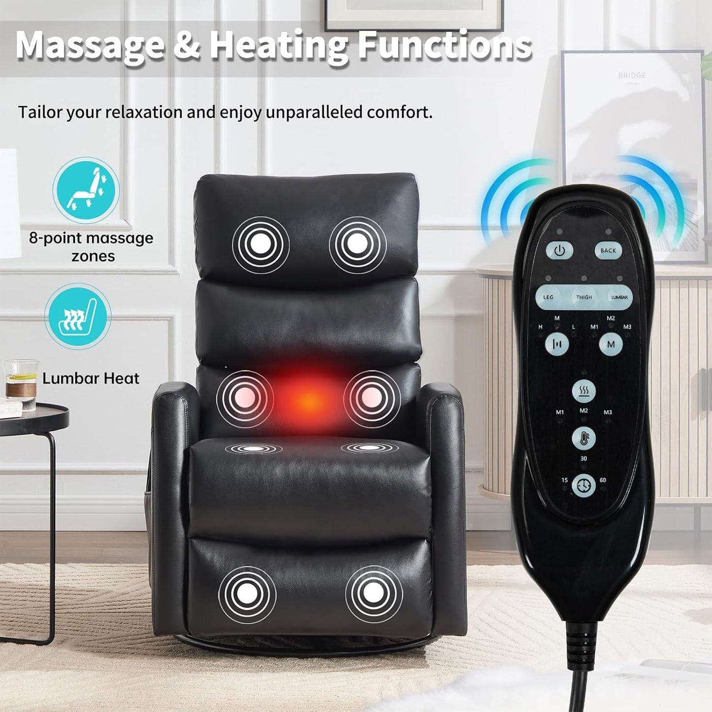 Massage Chair Recliner with Heat, Swivel Rocking Chair Recliner with High Back, Manual Nursery Recliners for Adults,Small Recliner Chair for Small Spaces, Living Room Bedroom, Fabric (Blue Green)
