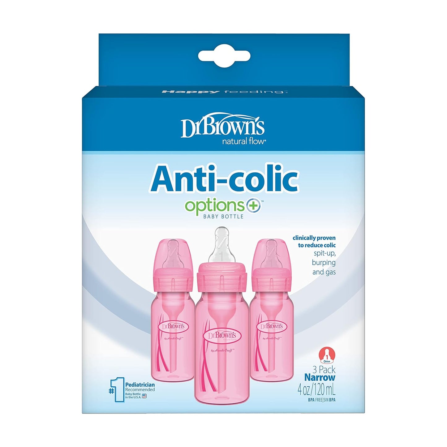 Dr. Brown’s Anti-Colic Options+ Narrow Baby Bottles, 0m+ Level 1 Nipple - Baby Bottle to Reduce Colic (3 Pack), Purple 8 oz