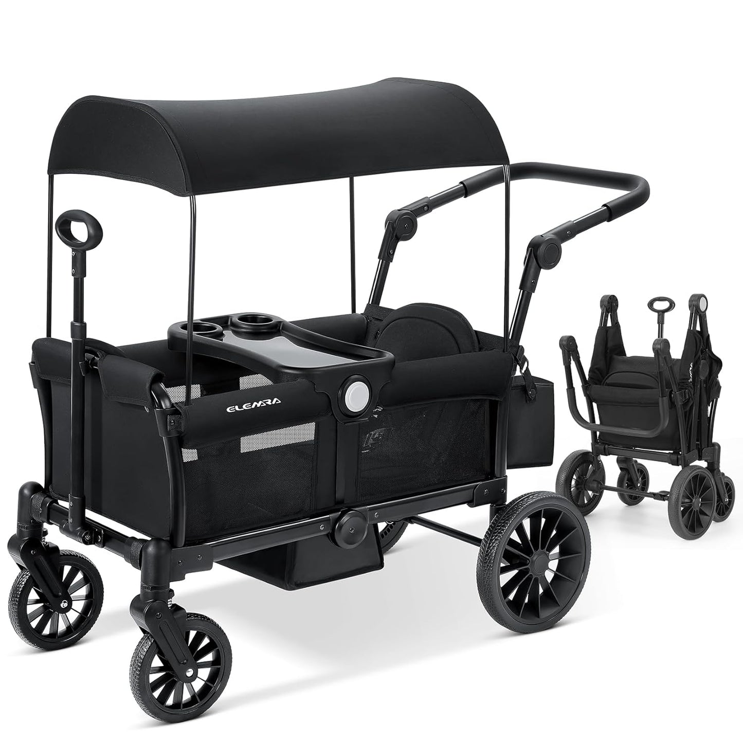 ELEMARA Stroller Wagon, 2 Seat Stroller for 2 Kids, Premium All Terrain Stroller for Kids w/Removable Canopy, Adjustable Push/Pull Handle, Large Storage Bag, Black