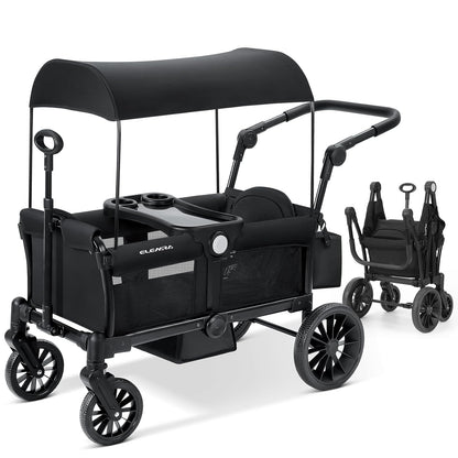 ELEMARA Stroller Wagon, 2 Seat Stroller for 2 Kids, Premium All Terrain Stroller for Kids w/Removable Canopy, Adjustable Push/Pull Handle, Large Storage Bag, Black