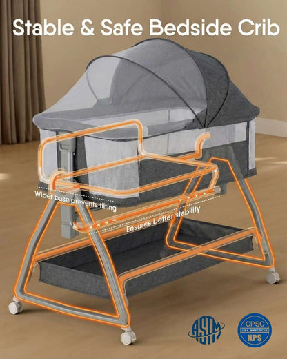 Bedside Bassinet for Baby, Sturdy 3 in 1 Bedside Sleeper with Mattress & Wheels, Height Adjustable, Breathable Mesh, Storage Basket, Easy to Assemble for Newborn, Grey