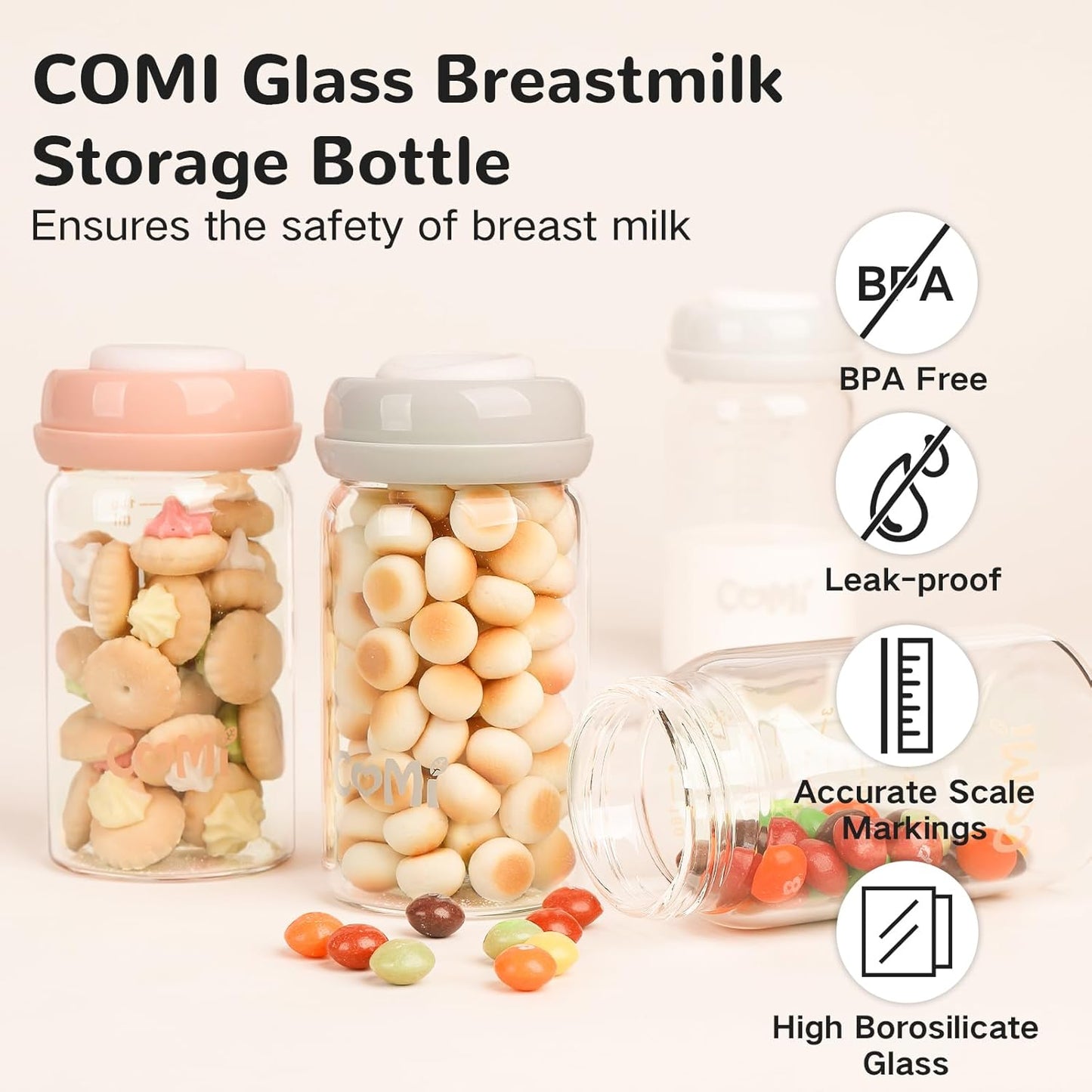 COMI Natural Glass Baby Bottle,Breastmilk Storage Bottle for Fridge,Wide Neck Breast Milk Container with Dome Cap,Fits Breast Pumps & Nipples,BPA Free,4PCS (6oz,4 Gray Lids)