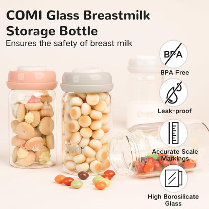 COMI Natural Glass Baby Bottle,Breastmilk Storage Bottle for Fridge,Wide Neck Breast Milk Container with Dome Cap,Fits Breast Pumps & Nipples,BPA Free,4PCS (6oz,4 Gray Lids)