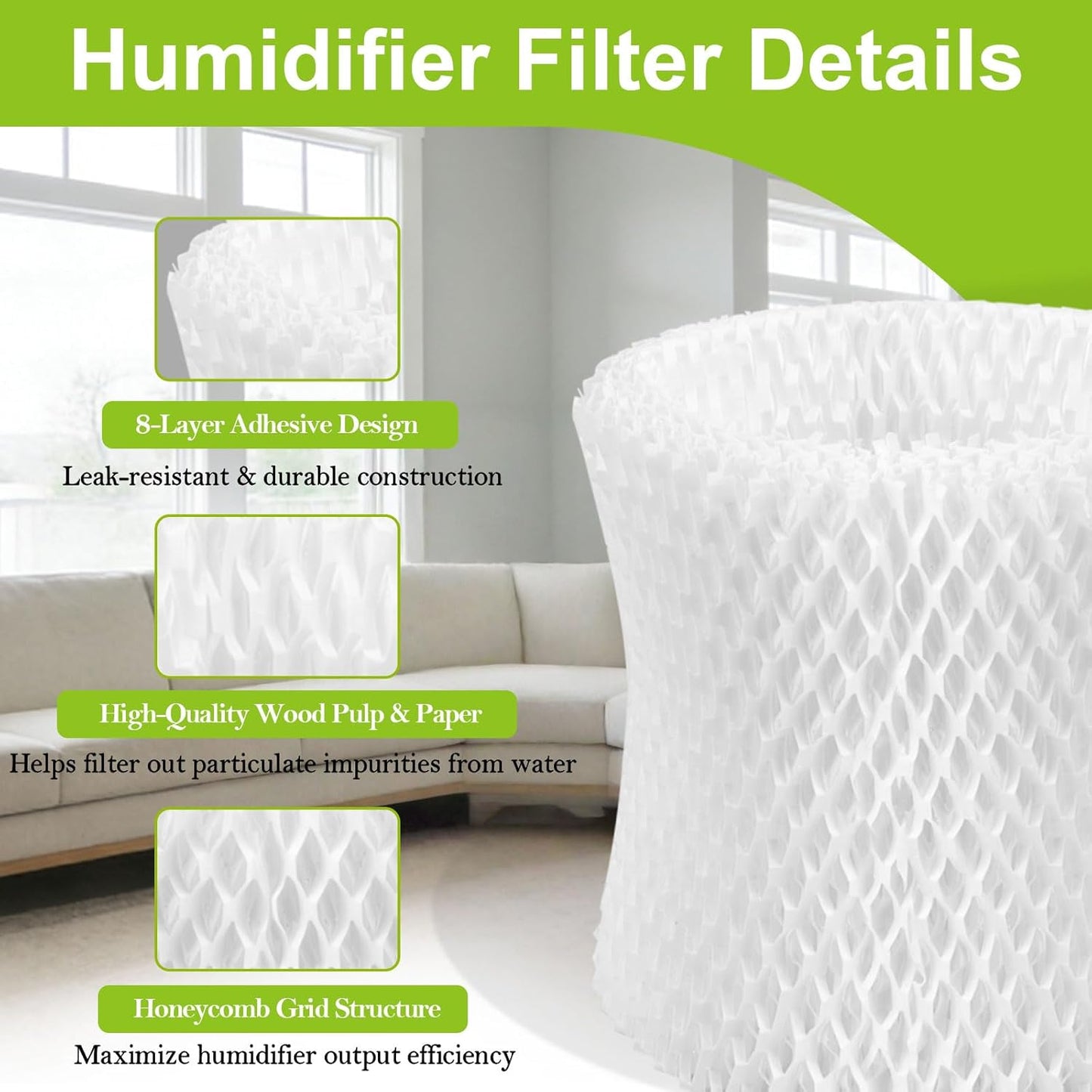 6 Pack Humidifier Filter Replacement Compatible with Canopy Bedside Humidifier & Nursery Humidifiers, Filters Made with Wood Pulp & Paper, Humidifier Wicking Filter, 6 Week Lifespan (White)