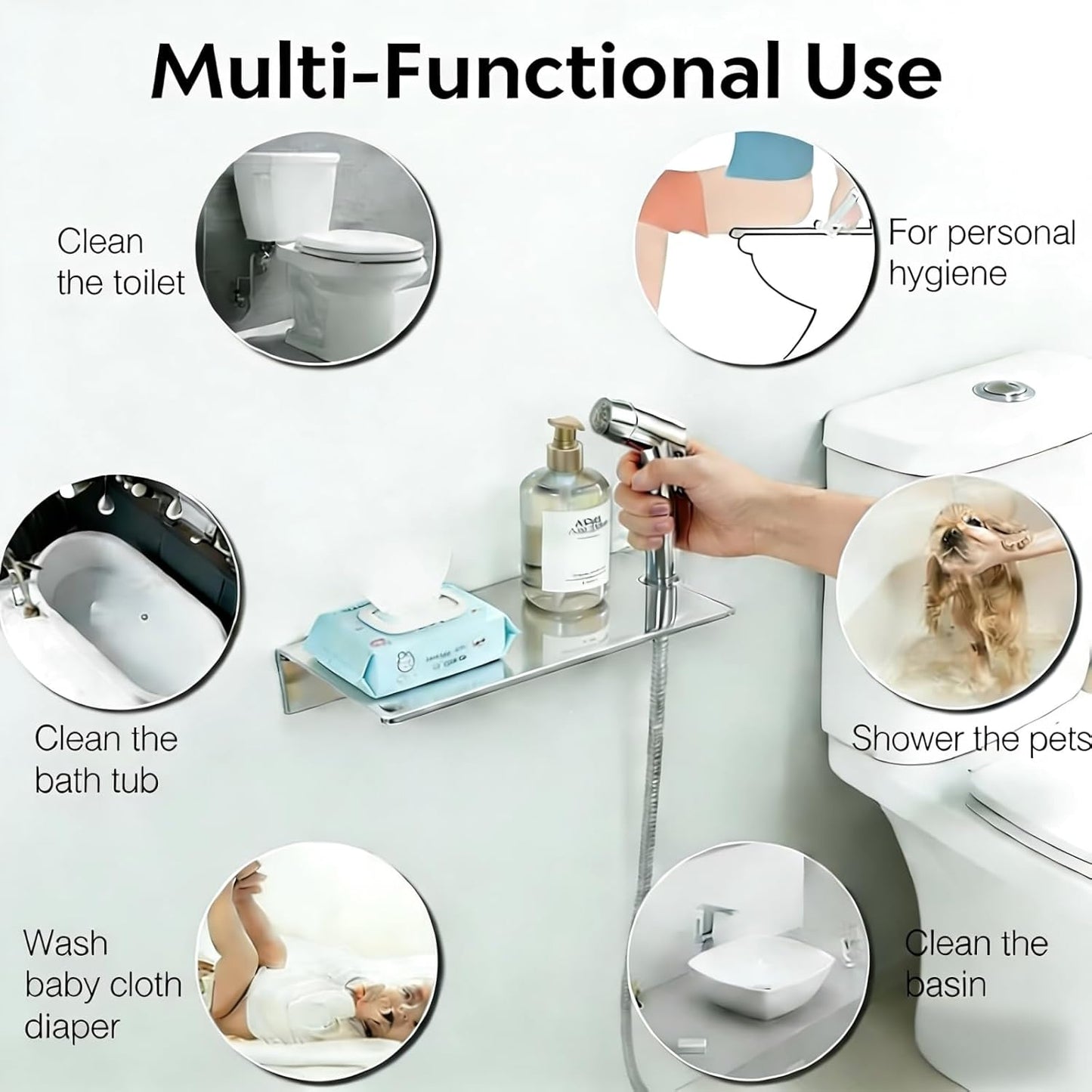 Handheld Bidet Sprayer & Muslim Shower Kit with Storage Shelf, Brass T-Valve, Adjustable Pressure, No Drip, Easy Install Toilet Bidet for Hygiene, Feminine Care, Diaper & Pet Wash, Ceruleanix