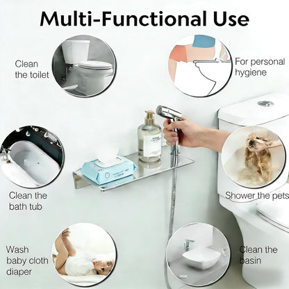 Handheld Bidet Sprayer & Muslim Shower Kit with Storage Shelf, Brass T-Valve, Adjustable Pressure, No Drip, Easy Install Toilet Bidet for Hygiene, Feminine Care, Diaper & Pet Wash, Ceruleanix