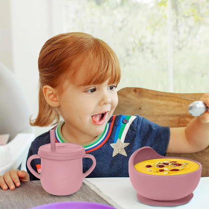 100% Silicone Baby Feeding Set, BPA Free Baby Dishes with Suction Bowl, Divided Plate, Toddler Self Feeding Dish Set with Spoons, Forks, Sippy Cup and Bib, Baby Eating Utensils (Navy Blue)