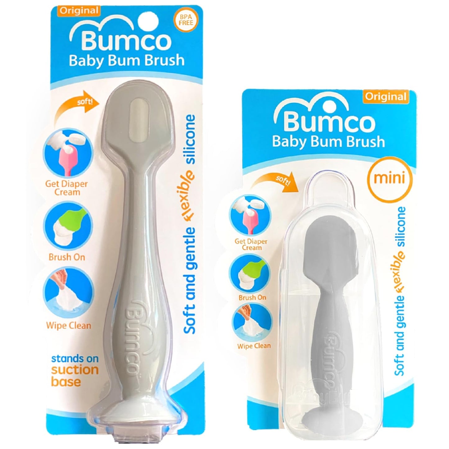 Bumco Baby Bum Brush - BPA-Free Diaper Cream Spatula with Suction Cup Base, Soft & Flexible Silicone, Wipe-Clean, Mom-Invented Diaper Bag Essentials (Gray)