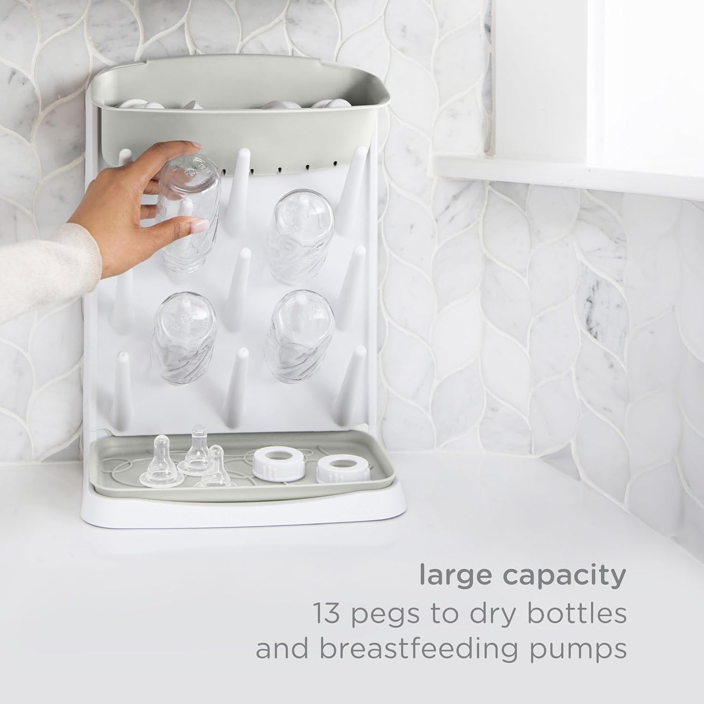 Ubbi Vertical Baby Bottle Drying Rack, Space Saving Countertop Drying Rack Baby Organizer, Gray
