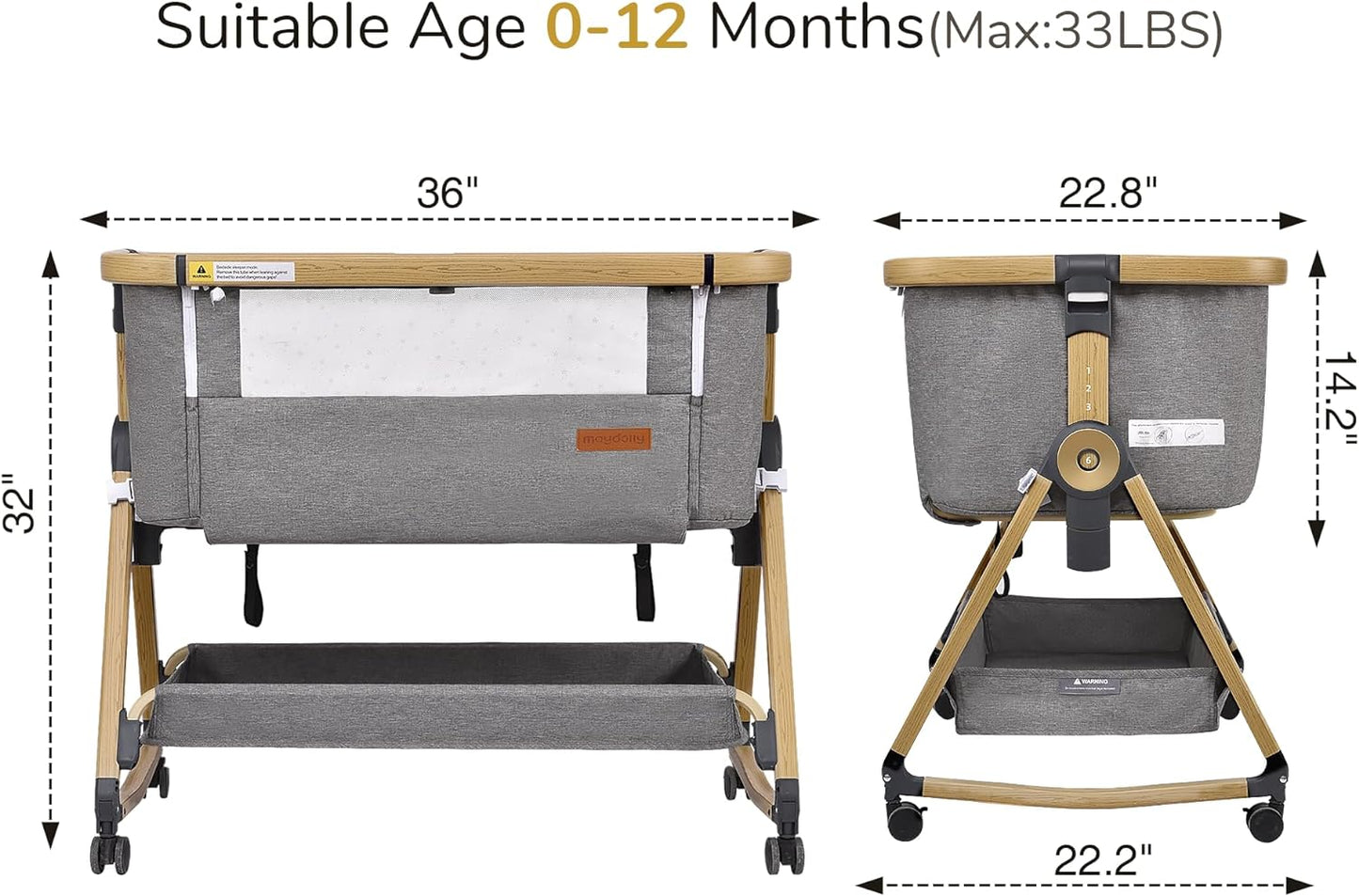 Maydolly Baby Bassinet & Bedside Sleeper, 3 in 1 Rocking Bassinet with Mattress & Sheet, Adjustable Height, Removable Breathable Cover, Easy Folding Infant Crib (Grey)
