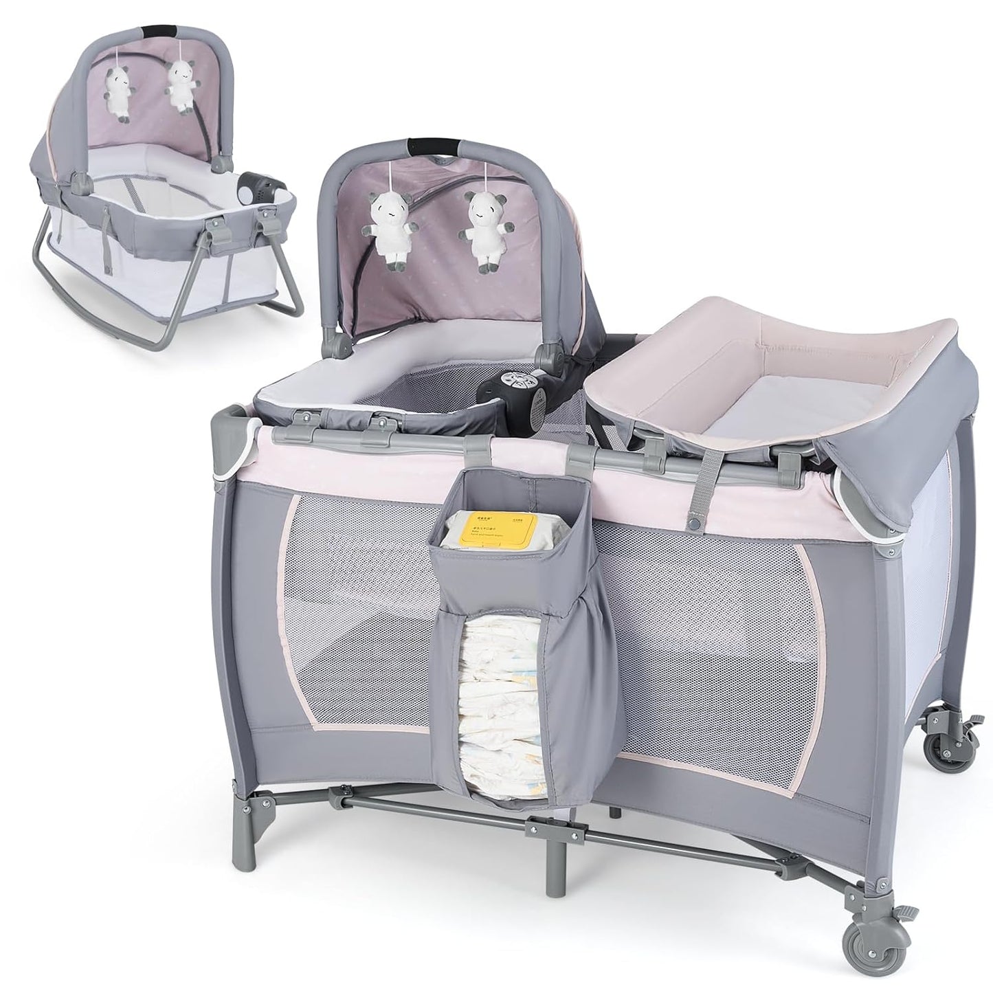 HONEY JOY Pack and Play, 5 in 1 Portable Infant Playpen with Bassinet & Changing Table, Storage Bag, Music Box, Toys, Carry Bag, Nursery Center, Baby Playard Pack n Play Crib for Boys Girls