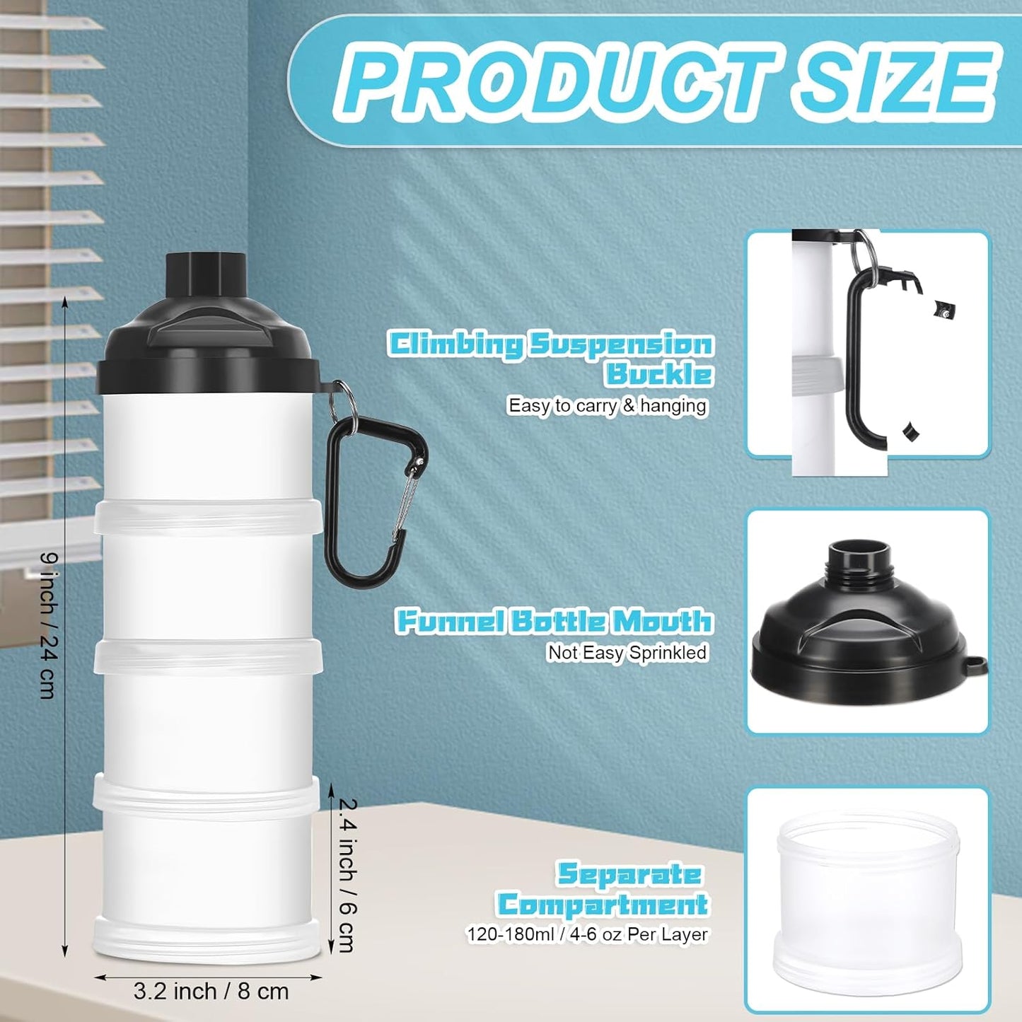 Baderke 2 Pcs Protein Powder Travel Container with Funnels Stand, 4 Layers Stackable Travel Powder Container Formula Supplement Organizer Storage Holder for Workout Fitness(Black)