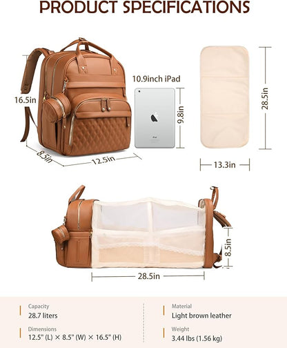 Diaper Bag Backpack with Changing Station, Newborn Essentials Must Haves, Water-Resistant Vegan Leather Diaper Backpack, Large Capacity Baby Travel Bag with Stroller Straps, Unisex Brown
