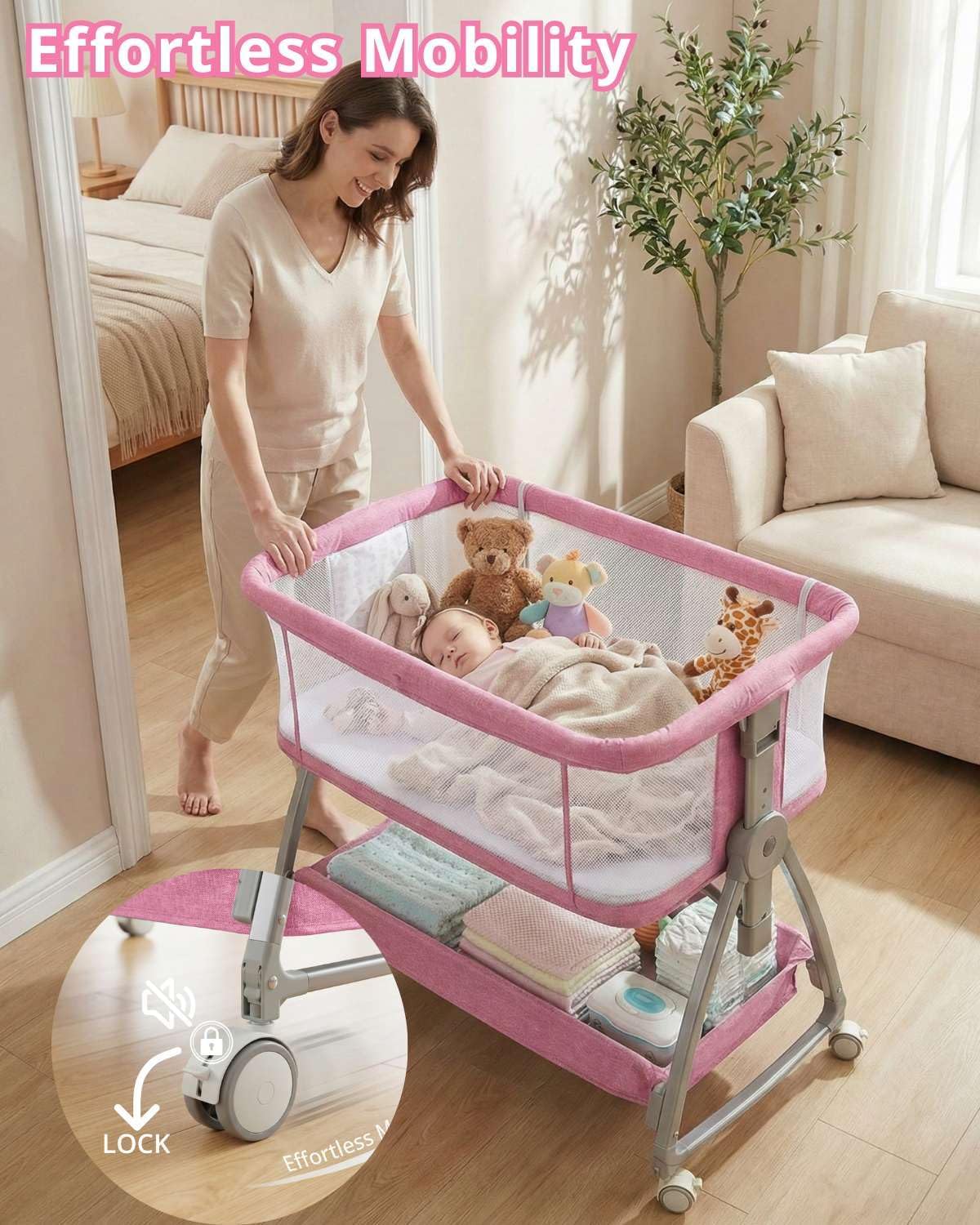 Bedside Bassinet for Baby, Sturdy 3 in 1 Bedside Sleeper with Mattress & Wheels, Height Adjustable, Breathable Mesh, Storage Basket, Easy to Assemble for Newborn, Grey