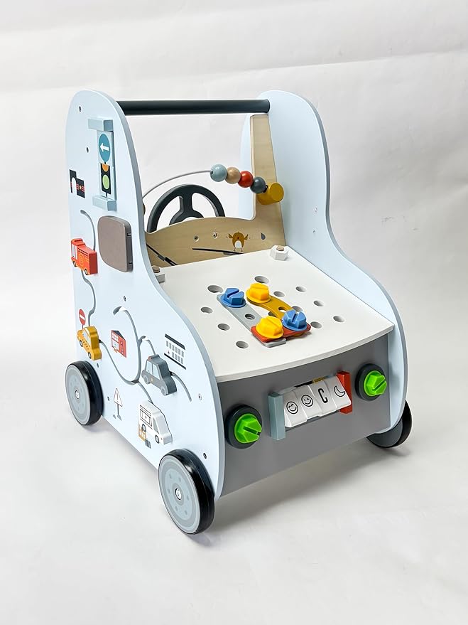 Giant bean 11-in-1 Wooden Baby Push Walker with Activity Center – Car Traffic Theme Shape Sorter Tool Bench, Steering Wheel Gears, Montessori Toy Gift for Toddler 1-3, Walking Toy Speed Adjustable