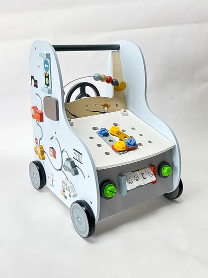 Giant bean 11-in-1 Wooden Baby Push Walker with Activity Center – Car Traffic Theme Shape Sorter Tool Bench, Steering Wheel Gears, Montessori Toy Gift for Toddler 1-3, Walking Toy Speed Adjustable