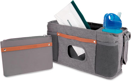 WONDERFOLD Universal Parent Console Stroller Organizer with Insulated Cup Holders, Hook & Loop Closure Handle Attachment, 2 Storage Pockets, Removable Shoulder Strap for Easy Transport