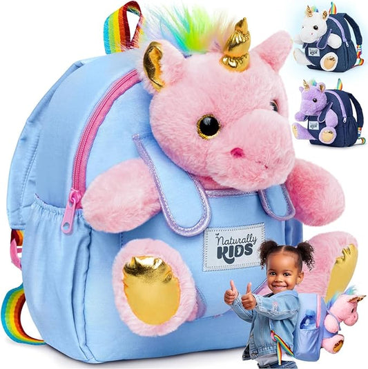 Naturally KIDS【Upgraded Toddler Backpack w Removable Pink Unicorn Toy for Girls Age 2-6 | Side & Inner Pockets, Reflective Logo, Name Tag | Cute Christmas & Birthday Gifts