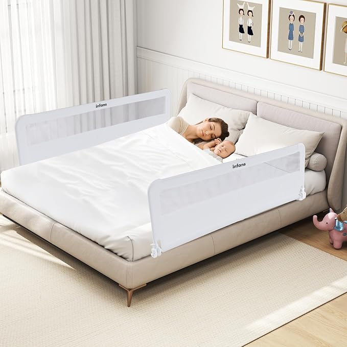 INFANS Bed Rail for Toddlers, 59" Foldable Safety Baby Crib Rail Fit for Kids Twin, Extra Long Swing Down Bed Guardrail for Convertible Crib, Queen, Full, King Mattress Side Guard (White)