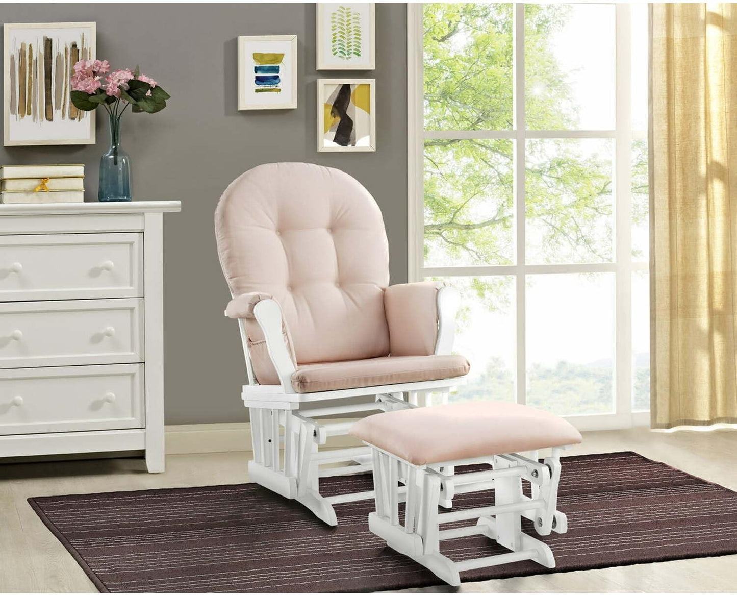 HomeStock Glider and Ottoman Set - Padded Arms, Storage Pockets, Metal Bearings White and Blue