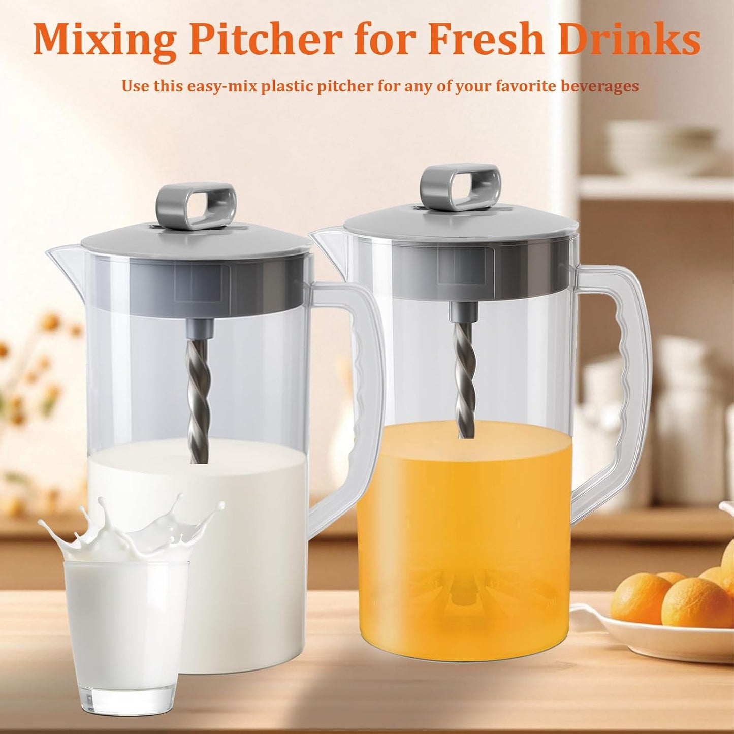 2 Pcs Mixing Pitcher for Drinks, 2 Quart/64oz Plastic Juice Pitcher with Lid, Angled Plastic Blades and Adjustable Mixer Plunger for Juice, Tea, Milk, Beverage Container