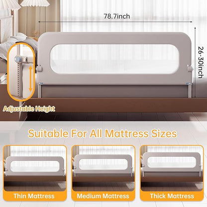 Baby Bed Guard Rail for Toddler - 78.7in Adjustable Heights, Swing Down Bedrail, Extra Tall Child Safety Side Railing Guards for Kids - Toddler Bed Rail for Queen, King, Twin, and Bunk Size Beds