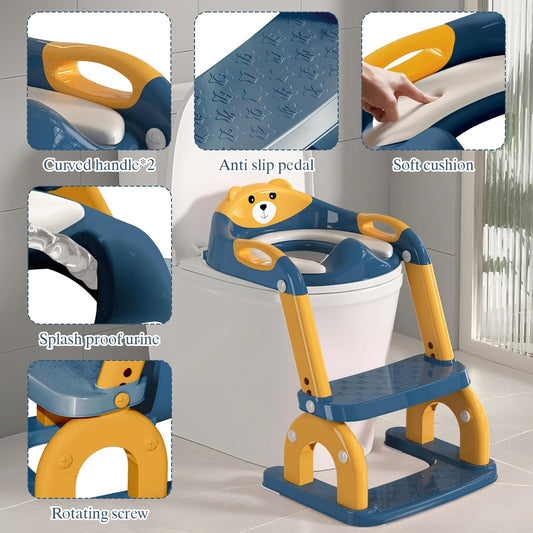 Potty Training Seat with Ladder for Toddlers, 2-in-1 Adjustable Potty Training Toilet for Kids Boys Girls with Splash Guard, Waterproof Cushion, Anti-Slip Pad Step Stool - Dark Blue