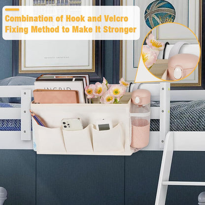 Loghot Bedside Caddy/Bedside Storage Bag Hanging Organizer for Bunk and Hospital Beds,Dorm Rooms Bed Rails,Can be Placed Glasses,Books,Mobile Phones,Keys (White)