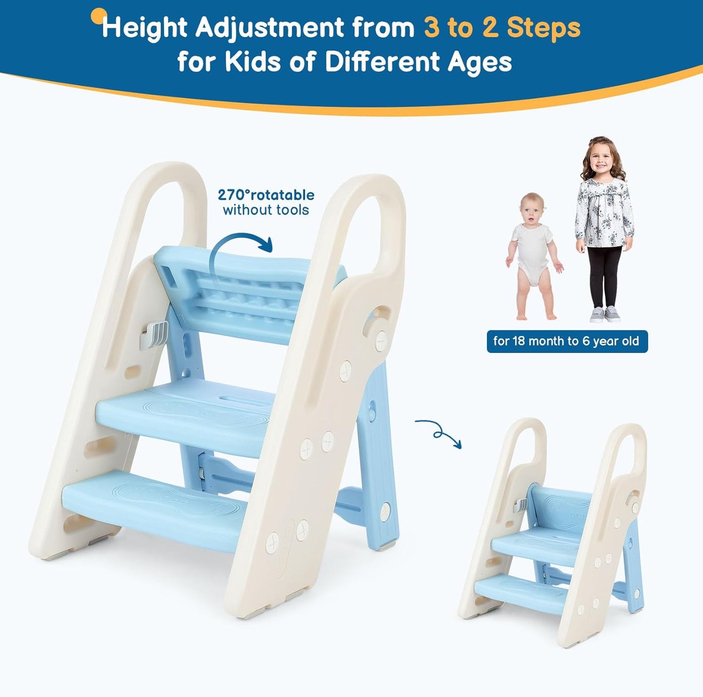 Onasti Foldable Toddler Step Stool for Bathroom Sink, Adjustable 3 Step Stool for Kids Toilet Potty Training Stool with Handles, Child Kitchen Counter Stool Helper, Plastic Ladder for Toddlers Pink